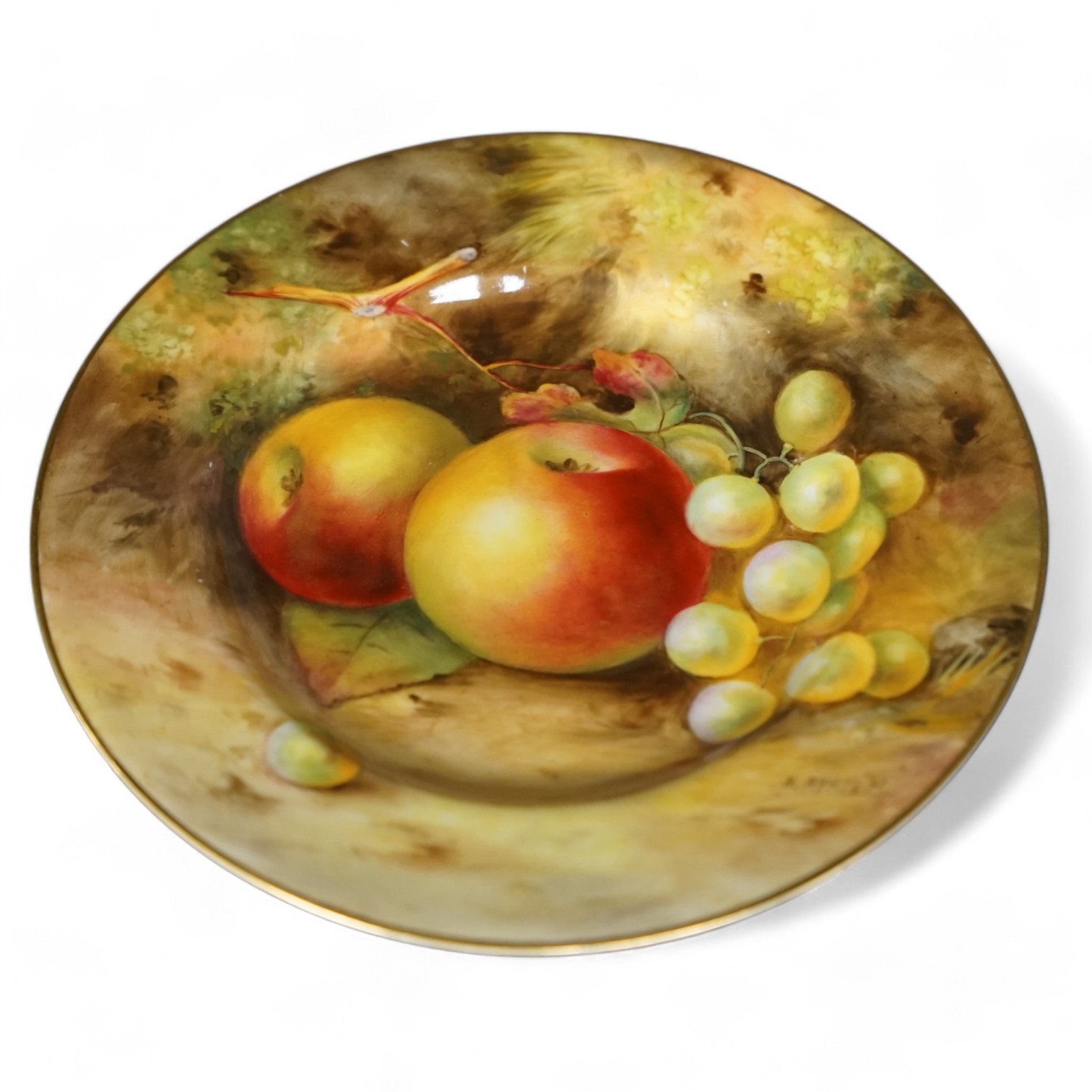 A Worcester cabinet plate, signed Ayrton, decorated with fruit, 15.5cm diameter. Condition - good